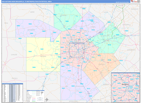 San Antonio-New Braunfels, TX Metro Area Zip Code Map